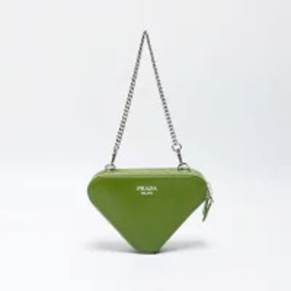 Prada Triangle Logo Peach Patent Vernis Chain Shoulder Bag Green - Picture 3 of 13